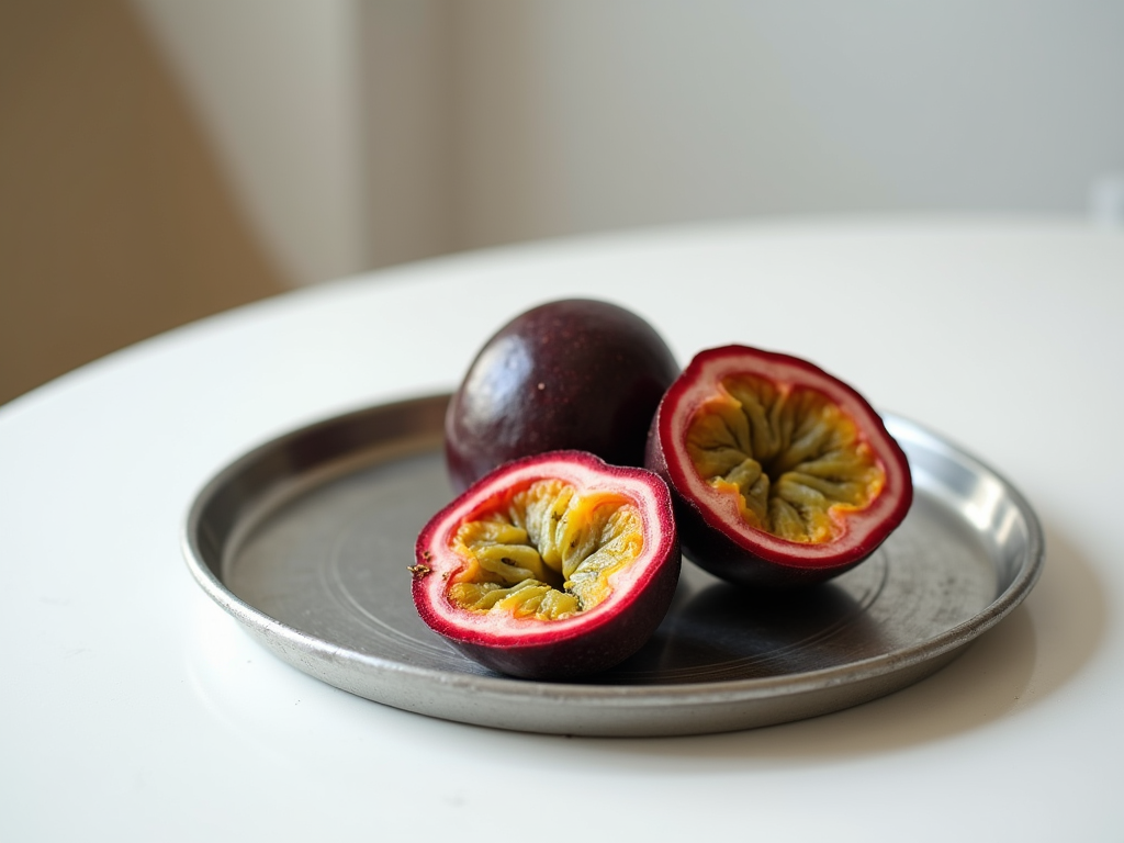 Fresh passion fruit cut in half showing pulp and seeds